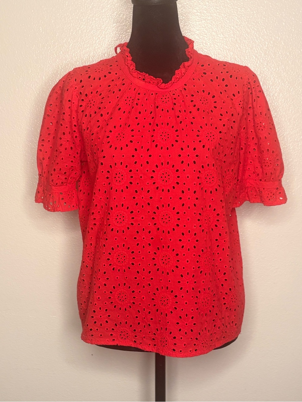 Madewell Red Eyelet Ruffle Neck Short Sleeve Blouse
